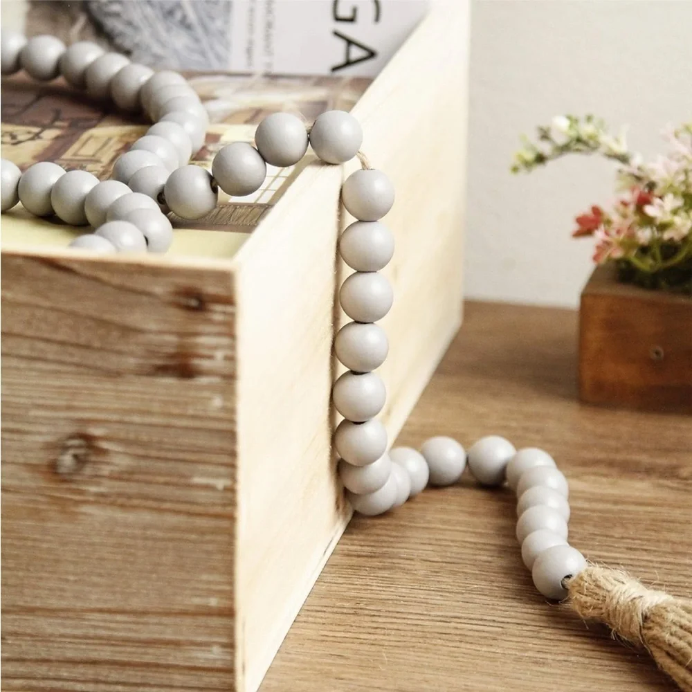 Rustic Boho Farmhouse Modern Cute Grey Beads/Wood Tie Tassel Garland Home Decor